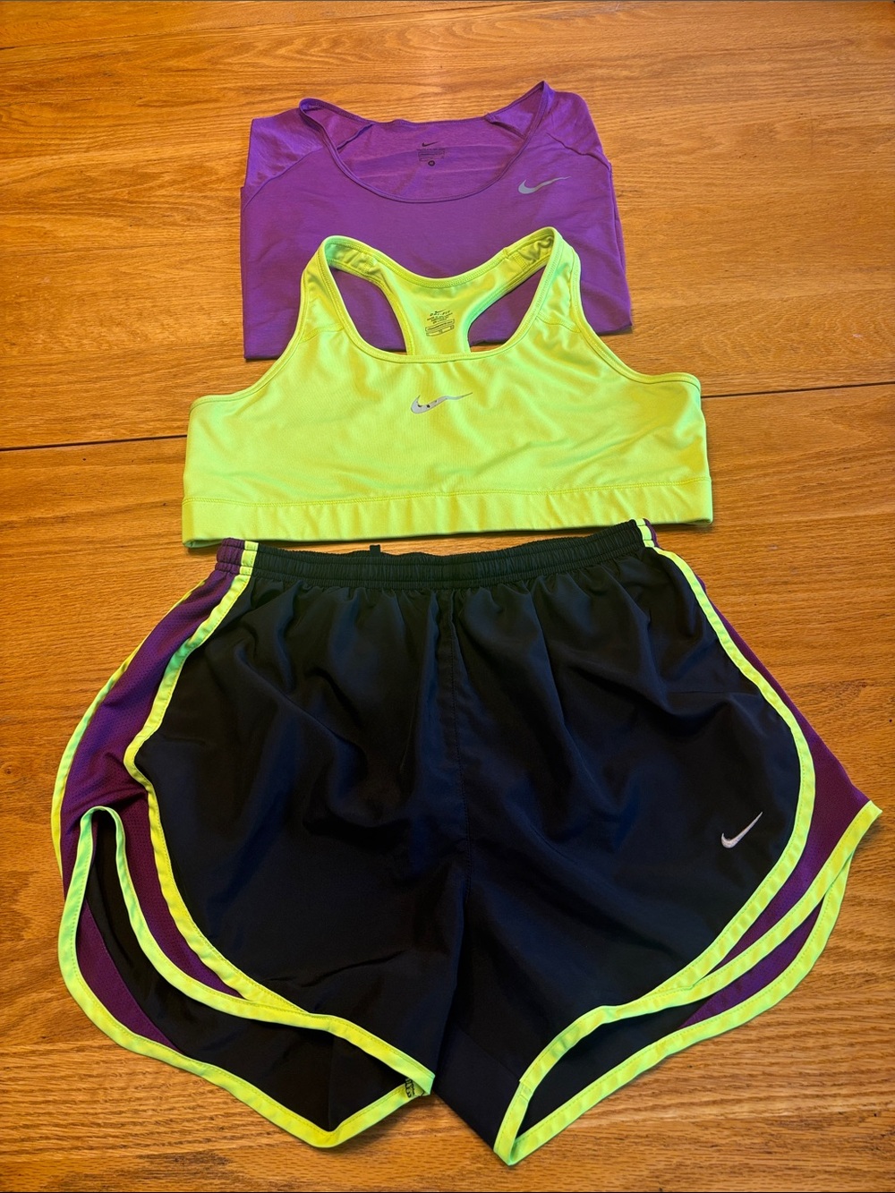 Nike Neon Yellow Sports Bra with Black Shorts & Purple Tee . Please note sizes - Picture 2 of 12